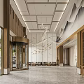 Modern Hotel Lobby Corridor With Wooden Doors Beige Walls Recessed Lighting And Geometric Pattern Carpet