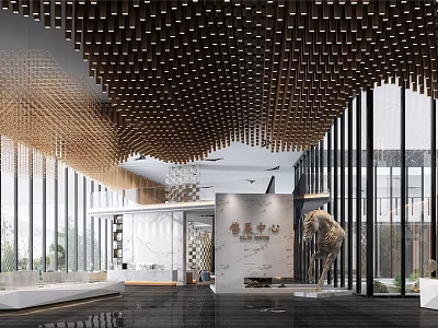 Modern Luxury Sales Center Interior With Wooden Ceiling Large Glass Windows And Reception Area 3d model