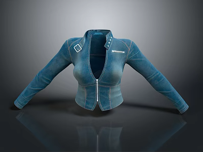 Blue Denim Jacket With Zipper Metal Buckle On Shoulder Long Sleeves And Black Reflective Background 3d model