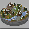 Scenic Natural Scene With Snow Covered House Colorful Trees Pathway And Small Bridge Over Stream