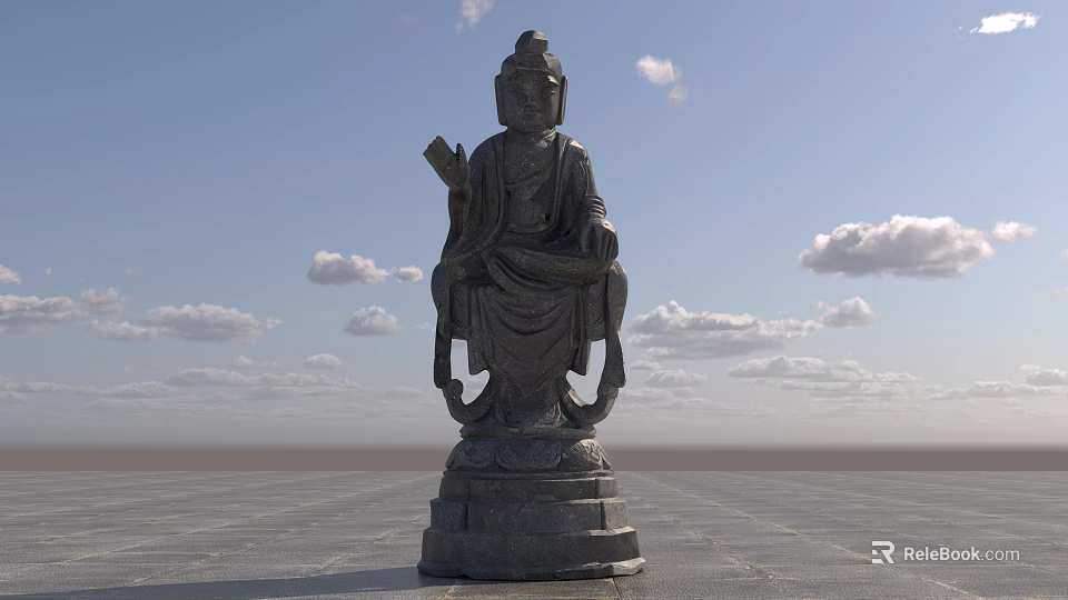 Seated Buddha Stone Landscape Sculpture in Open Square with Blue Sky and White Clouds 3d model 