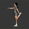 A Woman Stretching In Gray Sportswear Lifting Leg Against Gray Background And White Green Sneakers