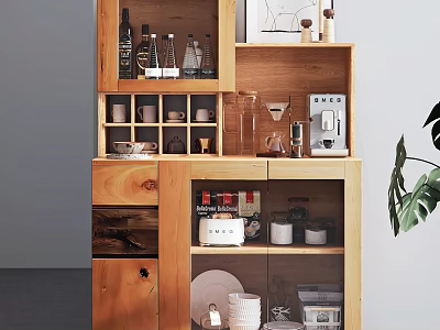 Wooden Sideboard With Glass Door Shelves Coffee Machine Dishes And Storage 3d model