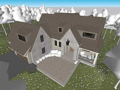 Exterior View of Detached House with Stone Walls Dark Brown Roof and Front Porch 3d model