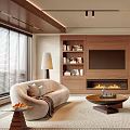 Cozy Living Room Interior With Wooden TV Cabinet Fireplace And Beige Sofas
