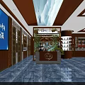 Elegant Specialty Store Interior with Wooden Walls Blue Billboard Reception Counter and Marble Floor