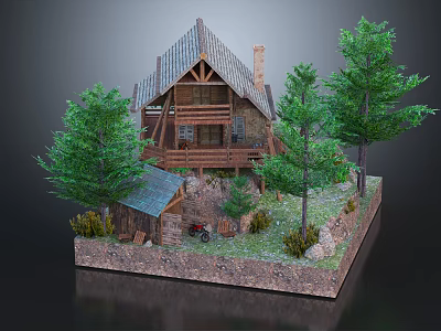 Rustic Log Cabin With Sloped Roof Chimney And Porch Surrounded By Pine Trees And Greenery 3d model