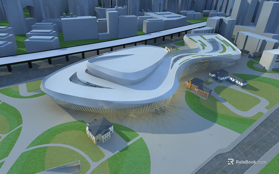 Modern Museum Building With Curvilinear Roof Urban Skyline And Green Spaces 3d model 