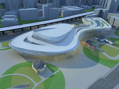Modern Museum Building With Curvilinear Roof Urban Skyline And Green Spaces 3d model