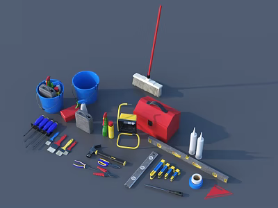 Comprehensive Hardware Tools Collection Including Screwdrivers Hammer Tape Measure Toolbox Brush And Bucket 3d model