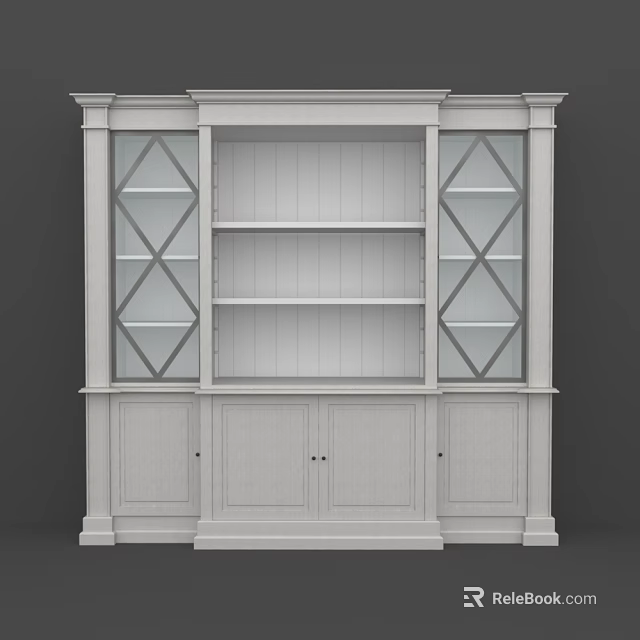 Classic White Wooden Bookcase With Lattice Glass Doors And Spacious Display Shelves For Home Decoration 3d model 