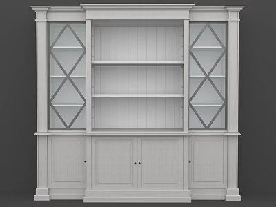 Classic White Wooden Bookcase With Lattice Glass Doors And Spacious Display Shelves For Home Decoration 3d model