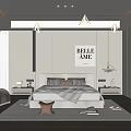 Modern Minimalist Bedroom Interior With Bed Pillows Blanket Nightstands Lamps Artwork And Wooden Flooring