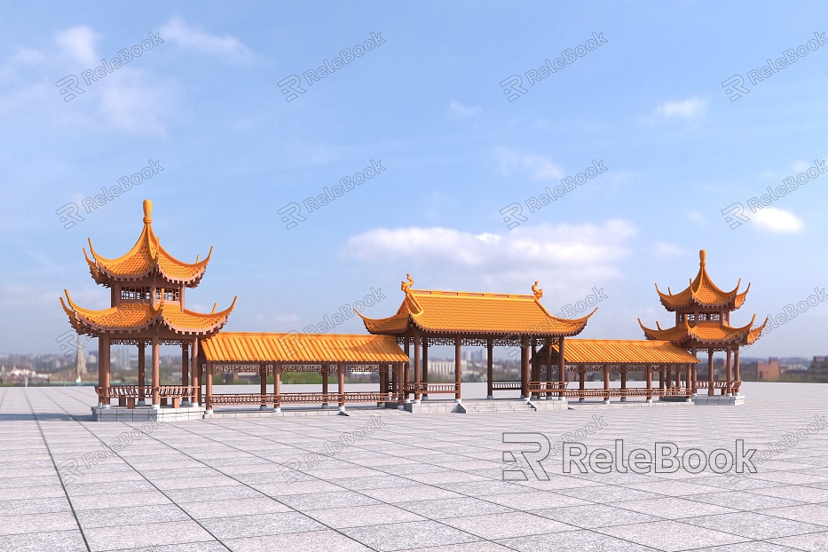 Ancient promenade of Chinese-style heavy-eave hexagonal pavilion model