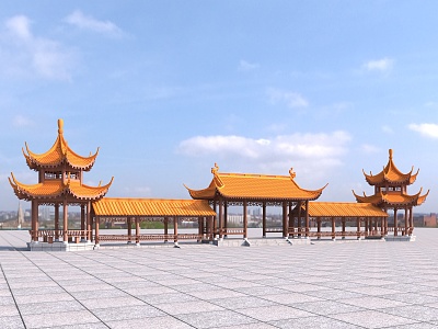 Ancient promenade of Chinese-style heavy-eave hexagonal pavilion model