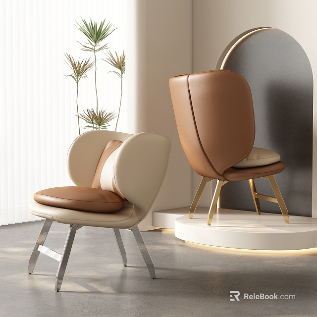 Modern Beige and Brown Leather Accent Chairs with Metal Legs in Indoor Space with Plants 3d model 
