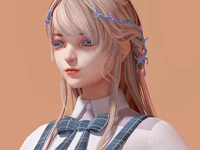 Woman With Long Light Hair And Blue Hair Accessories Wearing White Knit Sweater And Plaid Overalls 3d model