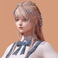 Woman With Long Light Hair And Blue Hair Accessories Wearing White Knit Sweater And Plaid Overalls