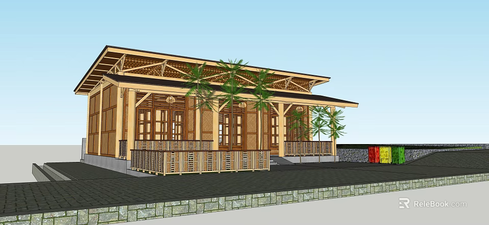 Traditional Wooden House With Porch Sloped Roof And Palm Trees 3d model 