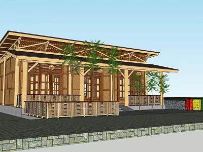 Traditional Wooden House With Porch Sloped Roof And Palm Trees 3d model