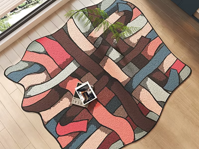 Stylish Colorful Rug With Abstract Intertwined Lines On Wooden Floor With Plant And 3d model