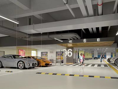 Modern Parking Garage Featuring Parked Cars Numbered Signs People Walking Yellow Black Lines 3d model