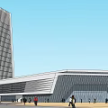 Modern Architectural Complex Featuring Tall Building Large Low-Rise Structure Parking Lot Greenery Roads And Pedestrians