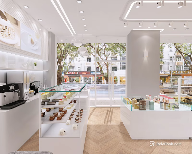 Bright Dessert Shop Interior With Display Cases Pastries And Large Windows 3d model