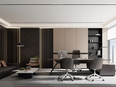 Modern Office Interior Design With Work Desk Ergonomic Chairs Sofa And Bookshelf 3d model