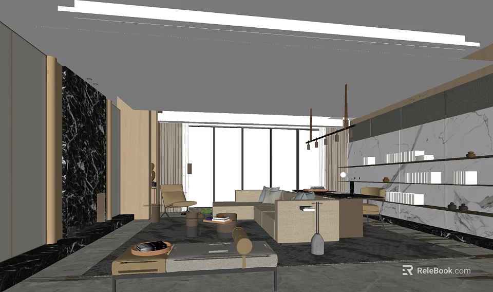Modern Office Interior Design With Pendant Lights Sofa Wooden Tables And Bookshelves 3d model 