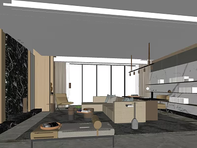 Modern Office Interior Design With Pendant Lights Sofa Wooden Tables And Bookshelves 3d model