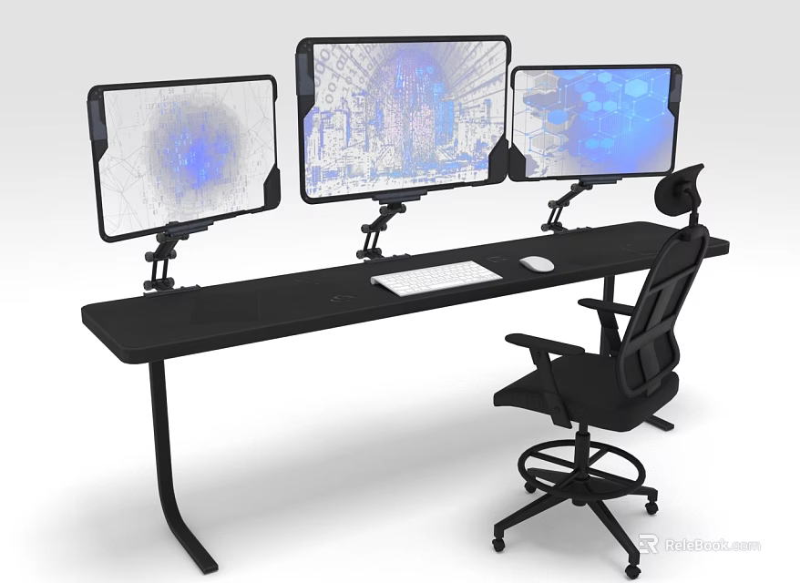 Modern Office Desk Setup With Three Monitors On Stands Keyboard Mouse And Ergonomic Office Chair 3d model 