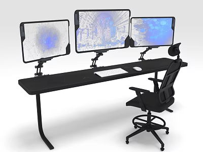 Modern Office Desk Setup With Three Monitors On Stands Keyboard Mouse And Ergonomic Office Chair 3d model
