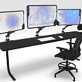 Modern Office Desk Setup With Three Monitors On Stands Keyboard Mouse And Ergonomic Office Chair