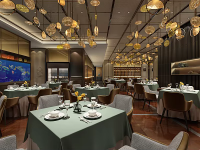 Modern Restaurant Interior with Green Tablecloths Golden Pendant Lights Neat Tables and Wooden Floors 3d model