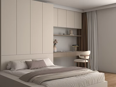 Cozy Modern Tatami Bedroom With Built In White Cabinets Wooden Desk And Curtains 3d model