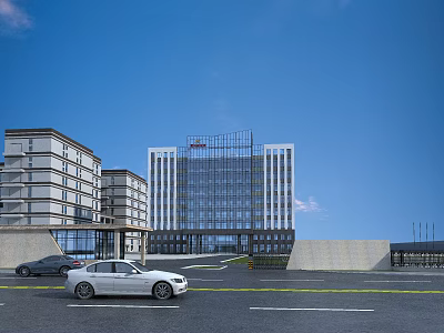 Modern Office Building With Glass Facade Parking Area Entrance And Blue Sky View 3d model