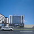 Modern Office Building With Glass Facade Parking Area Entrance And Blue Sky View