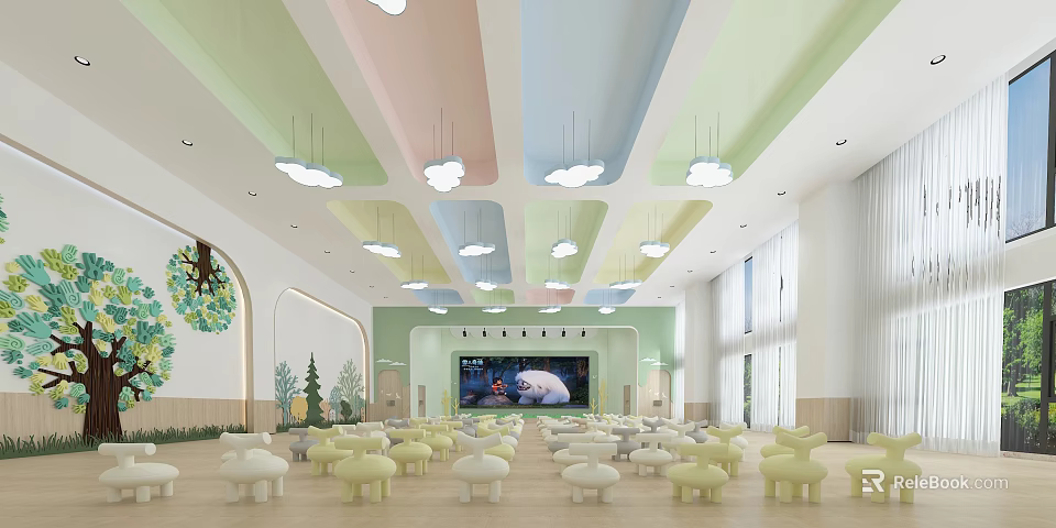 Kindergarten Interior With Colorful Ceiling Cloud Pendant Lights Mushroom Stools And Large Screen 3d model