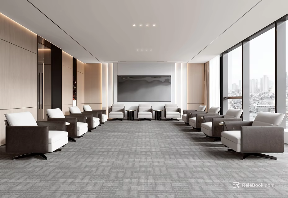 Modern Conference Room Interior With Large Windows City View Comfortable Seating And Carpeted Floor 3d model 