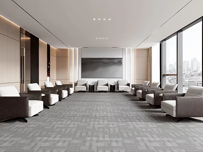 Modern Conference Room Interior With Large Windows City View Comfortable Seating And Carpeted Floor 3d model