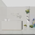 Beauty Salon Interior Featuring Reception Desk Skin Care Sign Marble Wall Green Plants And Sculpture