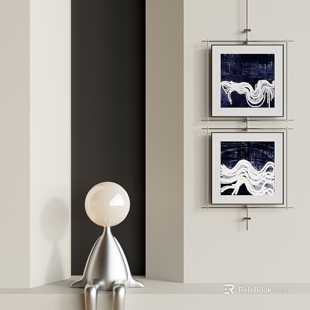 Blue And White Abstract Paintings With Wavy Patterns In White Frames Hanging On Wall 3d model 