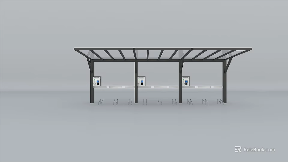 Modern Bus Stop Shelter With Metal Frame Canopy And Information Panels 3d model 