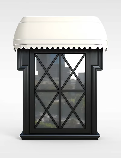 Modern Tech Exhibition Hall Entrance With Glass Door White Awning And Crossed Grille 3d model