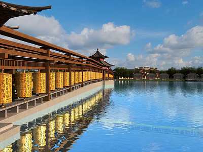 Traditional Chinese Park Landscape With Brown Wooden Corridor Yellow Pillars And Water Reflections 3d model