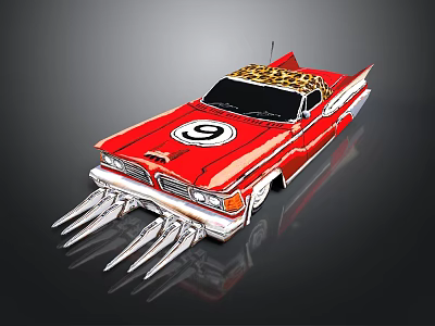 Red Classic Car With Number 9 Logo Leopard Print Roof And Spiked Front Design 3d model