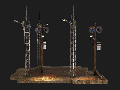 Industrial Equipment With Metal Structure Tall Towers Horns And Lights On Platform 3d model