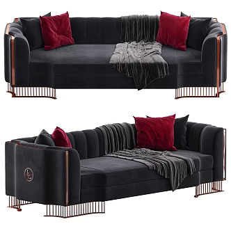 Modern Light Luxury Black Three-Seat Sofa 3d model