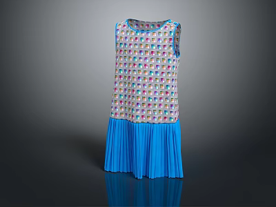 Fashionable Colorful Checkered Sleeveless Dress With Blue Pleated Skirt Design 3d model